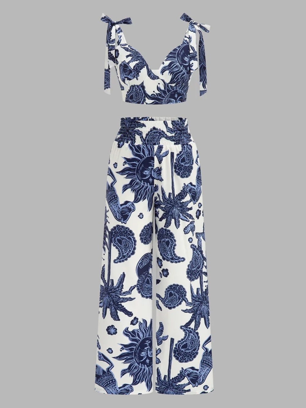 Commense Blue and White Wide-Leg Pants